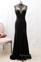 Mermaid High Neck Beaded Jersey Black Formal Evening Semi Formal Prom Gown With Slit